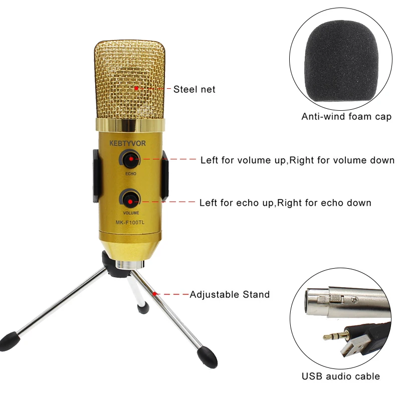 MK-F100TL USB 2.0 Condensator de Înregistrare a Sunetului de Procesare Audio cu Fir Microfon cu Stativ pentru Radio Braodcasting KTV Karaoke