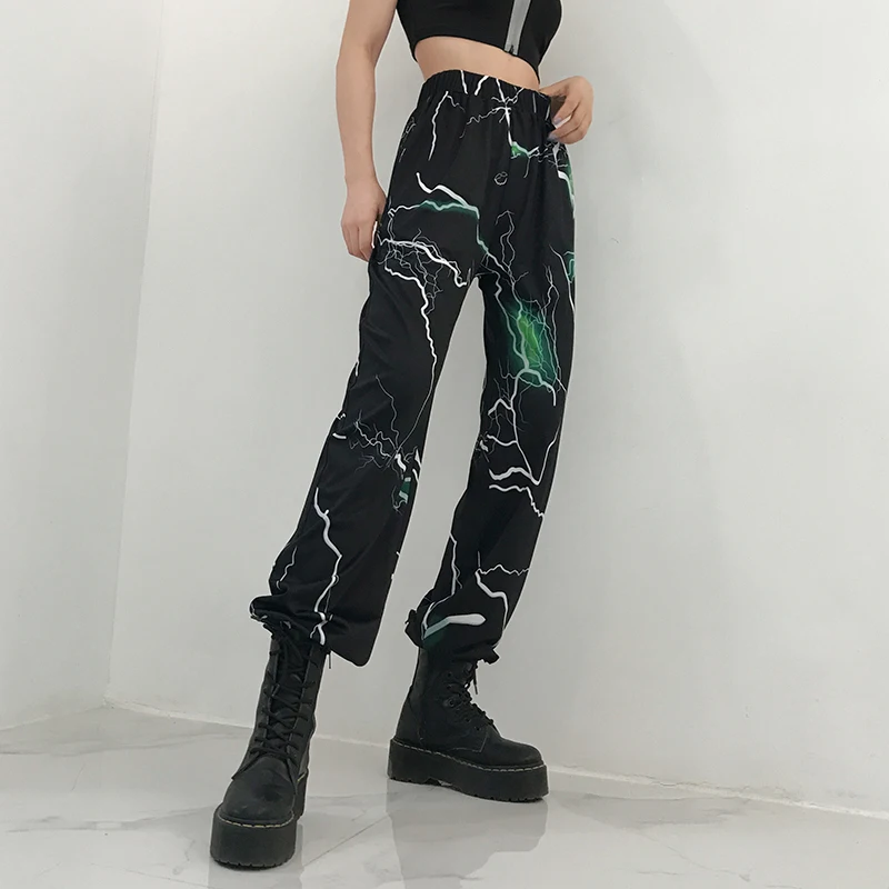 Waatfaak Lung Femei Joggeri Casual Model Fulger Print pantaloni de trening Largi, Pantaloni Negri Harajuku Înaltă Talie Pantaloni Doamnelor 2020