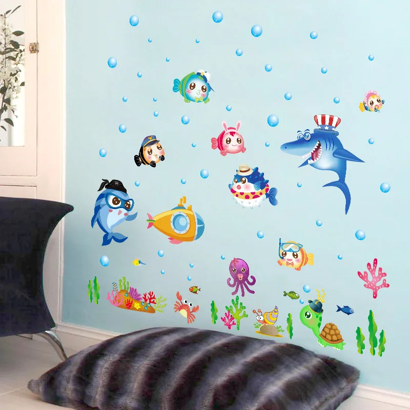Albastru Pește de Mare Balon de Perete Autocolant de Desene animate Pentru Copii, Camere de Baie Decorațiuni murale