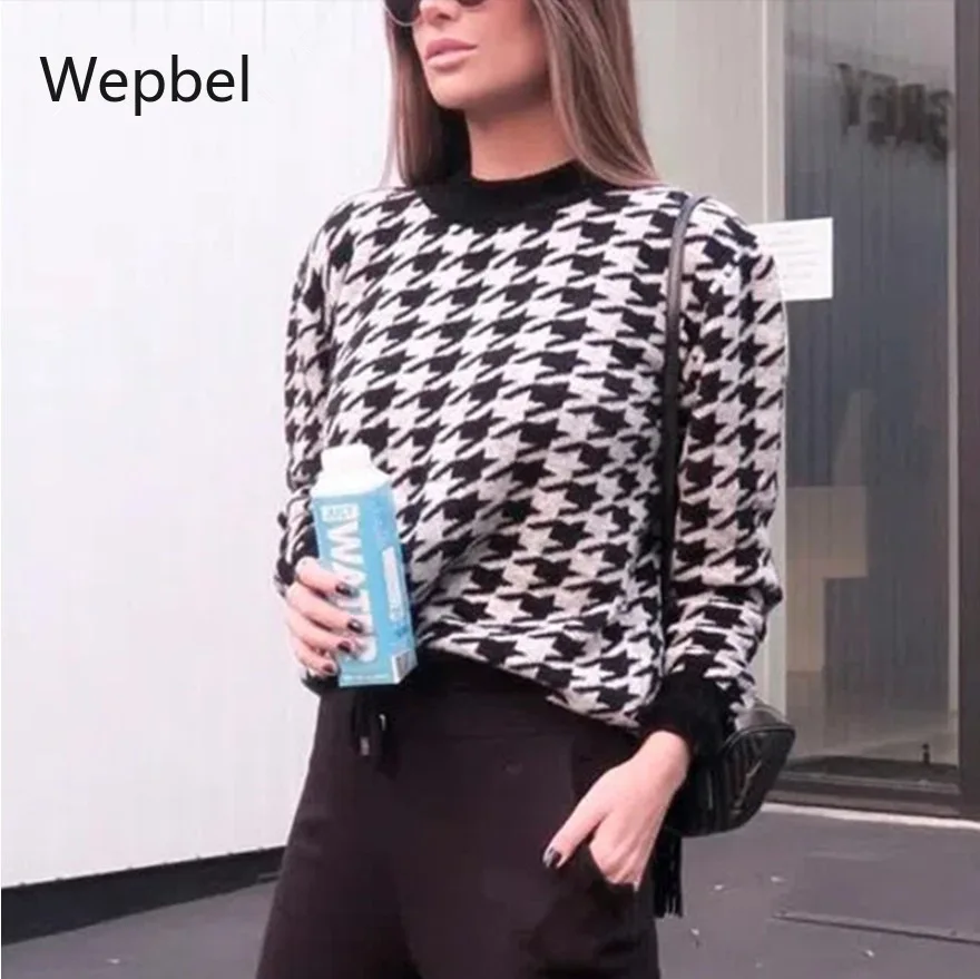 WEPBEL Tricotate, Sacouri Casual Vintage pulover Pulover Femei Pulovere Geometrice Houndstooth Moda cu Maneci Lungi Vrac Jumperi