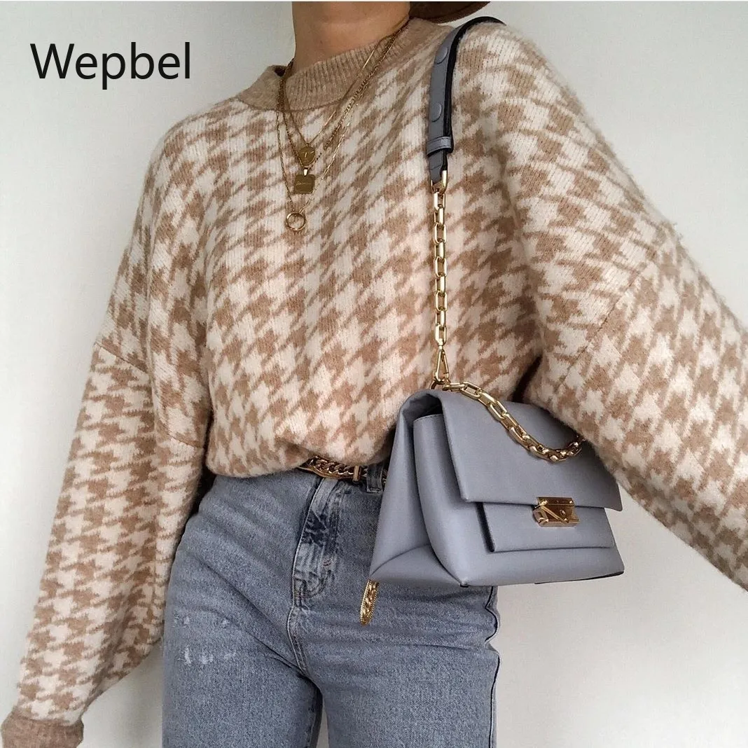 WEPBEL Tricotate, Sacouri Casual Vintage pulover Pulover Femei Pulovere Geometrice Houndstooth Moda cu Maneci Lungi Vrac Jumperi