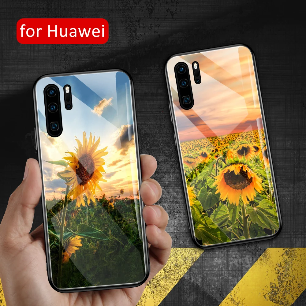 Pentru Huawei P9 caz de Sticlă spate de floarea-soarelui P20 lite acoperi florale caz pentru Huawei P9 P10 Plus P20 P30 Pro P20 P30 lite