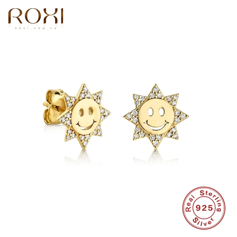 ROXI Cristale Smiley Soare Mini Stud Cercei pentru Femeile Fată Frumoasă Știfturi de Ureche Neobișnuit Cercel Piercing Argint 925 Bijuterii