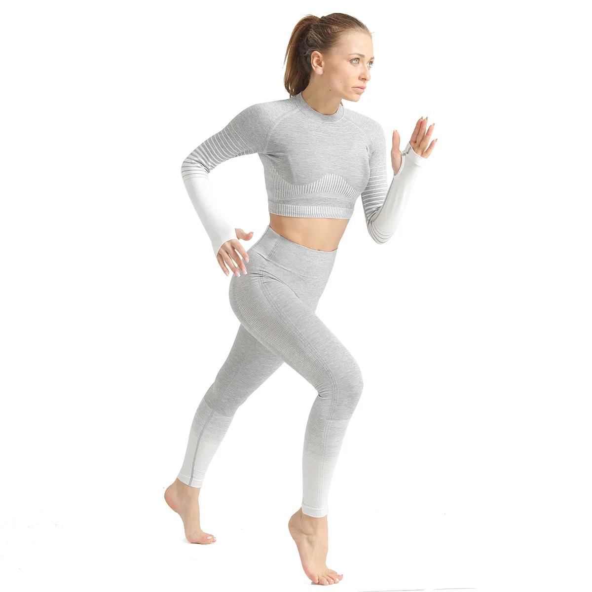 CHRLEISURE Yoga Set de Fitness Îmbrăcăminte Tricotat Elastic Sport Îmbrăcăminte fără Sudură Camasi cu Maneca Lunga Talie Mare Push-Up Pantaloni de Yoga