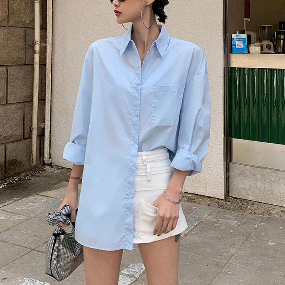 2020 Nou de Buzunar pentru Femei Bluza Alba Femei WearTop Mânecă Lungă Pierde Casual Rever Albastru Bluze Guler Alb Lady Shirt
