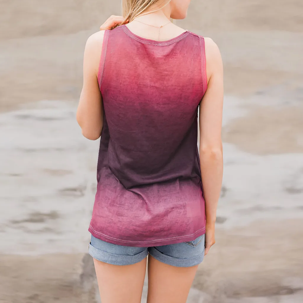 Topuri Sexy Femei O-Gât Gradient Tipărite fără Mâneci T-Shirt Bluza Tunica Tancuri Topuri cu Bretele Haine de Vară pe Plajă buzunar
