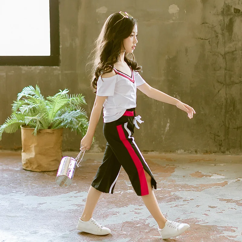 Moda Vara Fata de Îmbrăcăminte Adolescent 2019 Copilului Set 2 buc Tricou Alb Pantaloni Largi Picior Haine pentru Copii Costume Costum de Sport Pentru Fete