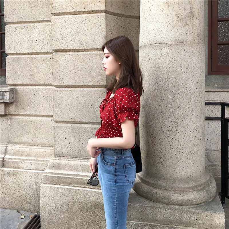 Bluze Femei Vara Retro Sexy Slim Elegant Doamnelor V-gât cu Buline Scurt Bluza Stil Stil coreean Toate-meci Femei Modă Nouă