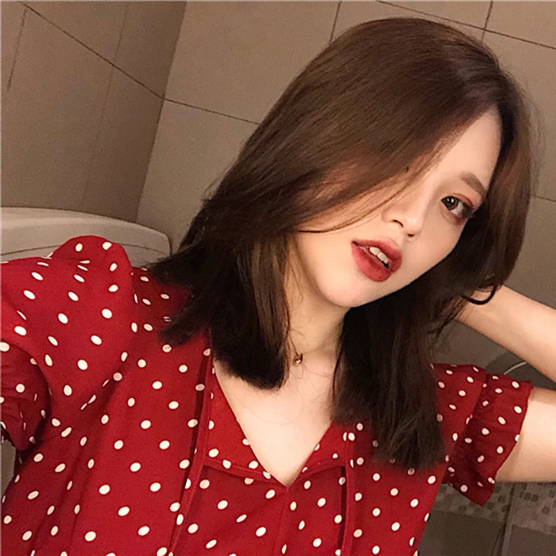 Bluze Femei Vara Retro Sexy Slim Elegant Doamnelor V-gât cu Buline Scurt Bluza Stil Stil coreean Toate-meci Femei Modă Nouă