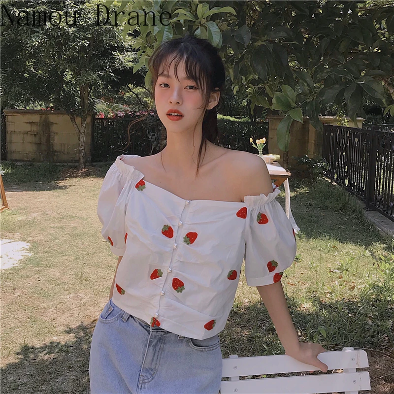 De Vară 2020 Top Scurt Tricouri Coreean Dulce De Capsuni, Femei, Tricouri Cu Maneca Scurta Pe Umăr Blusas Femme