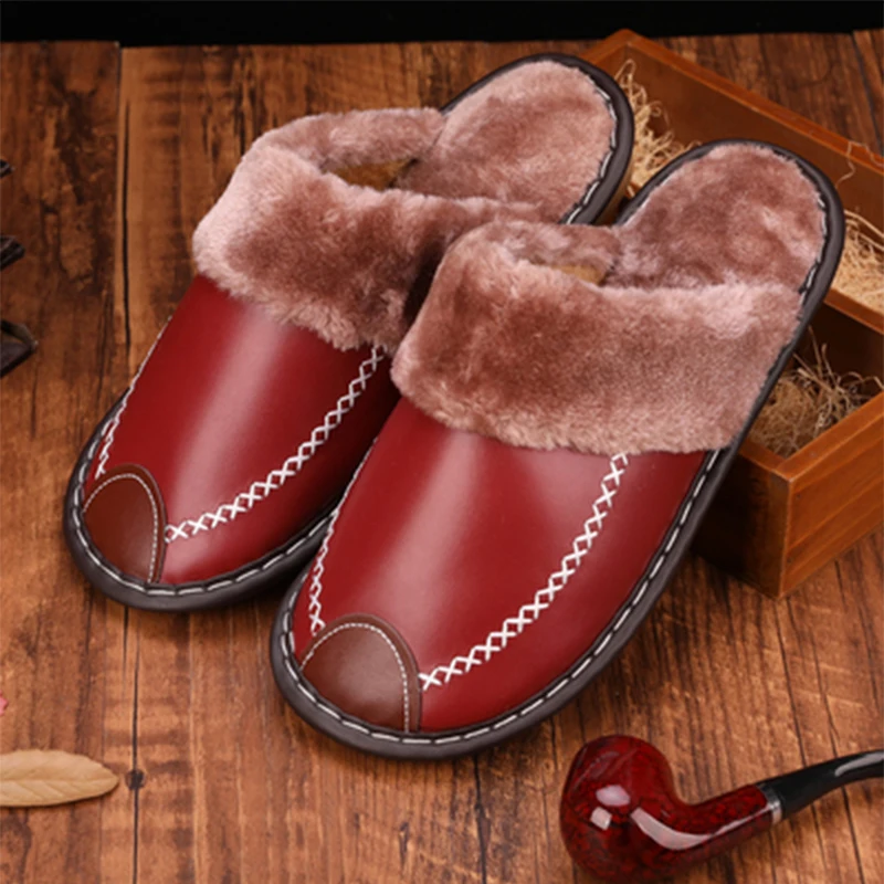 De Iarnă Pentru Femei Papuci Piele Naturala Acasa, Casa, Interior Non-Alunecare Termică Pantofi Pentru Bărbați Cald Cu Blană Papuci De Casă Plus Dimensiune Fierbinte