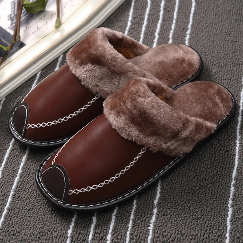De Iarnă Pentru Femei Papuci Piele Naturala Acasa, Casa, Interior Non-Alunecare Termică Pantofi Pentru Bărbați Cald Cu Blană Papuci De Casă Plus Dimensiune Fierbinte