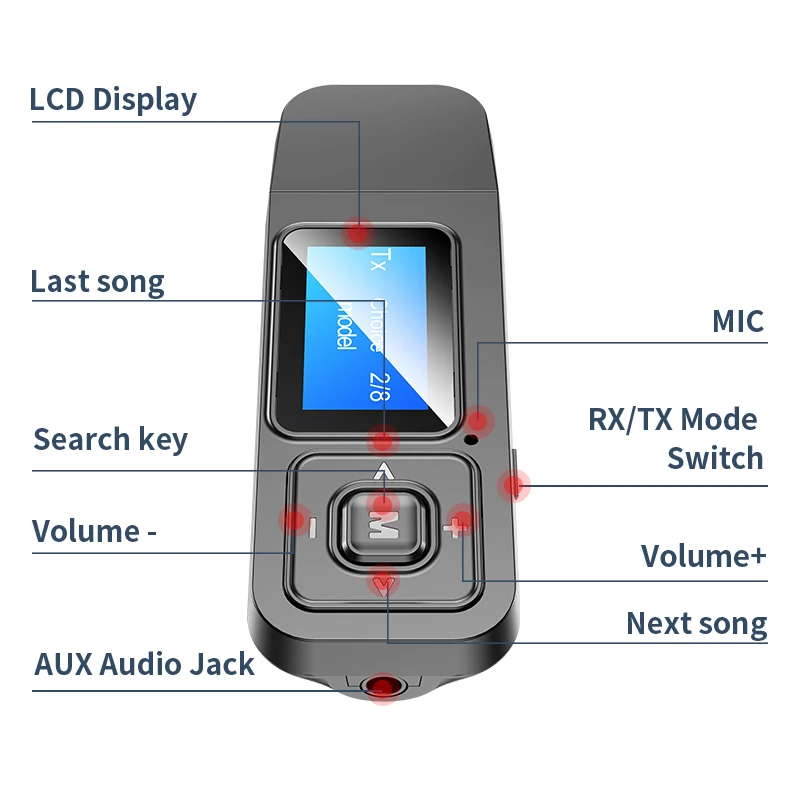 5-IN-1 USB Dongle Bluetooth 5.0 Audio Receptor-Transmitator Cu afisaj LCD Mini de 3,5 mm AUX RCA Adaptor Wireless Cu MICROFON Pentru TV