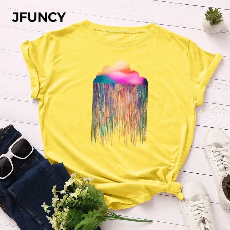JFUNCY Plus Dimensiune Vara Tricou Femei pline de culoare Nor de Ploaie T-Shirt cu Maneci Scurte din Bumbac Tricouri Femeie Fata Tee Topuri Femei Tricou