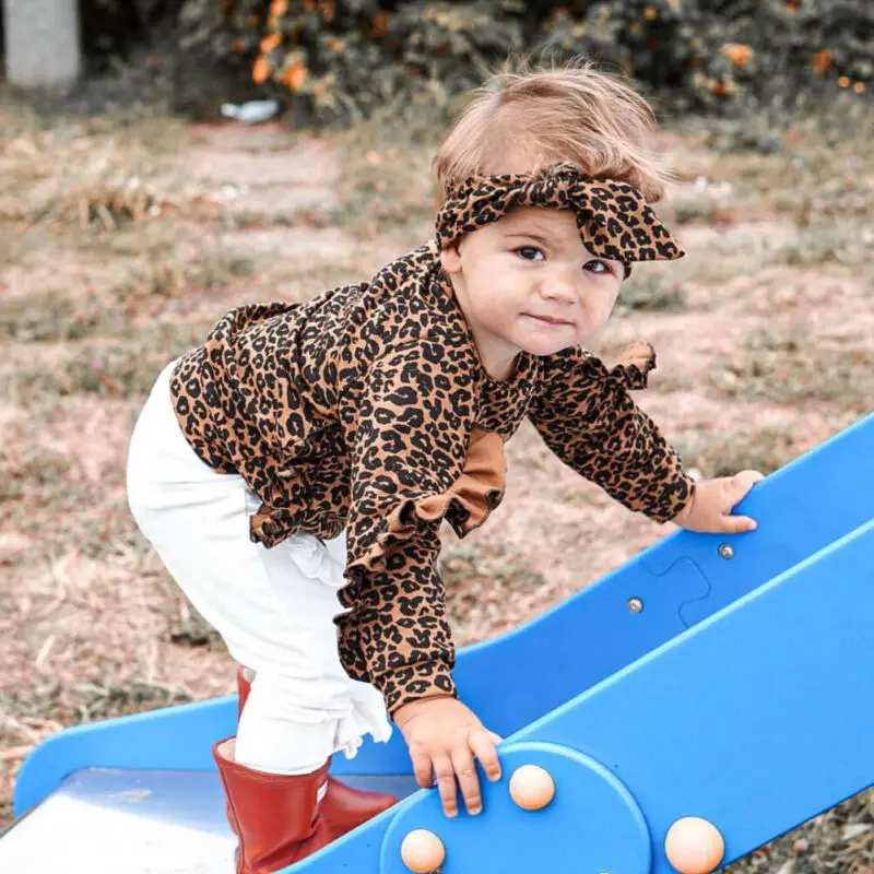 Copil Copil Copil Fata de Toamna Haine Zburli Leopard Topuri Jambiere Pantaloni Albi Tinuta Set Trening 3Pcs set