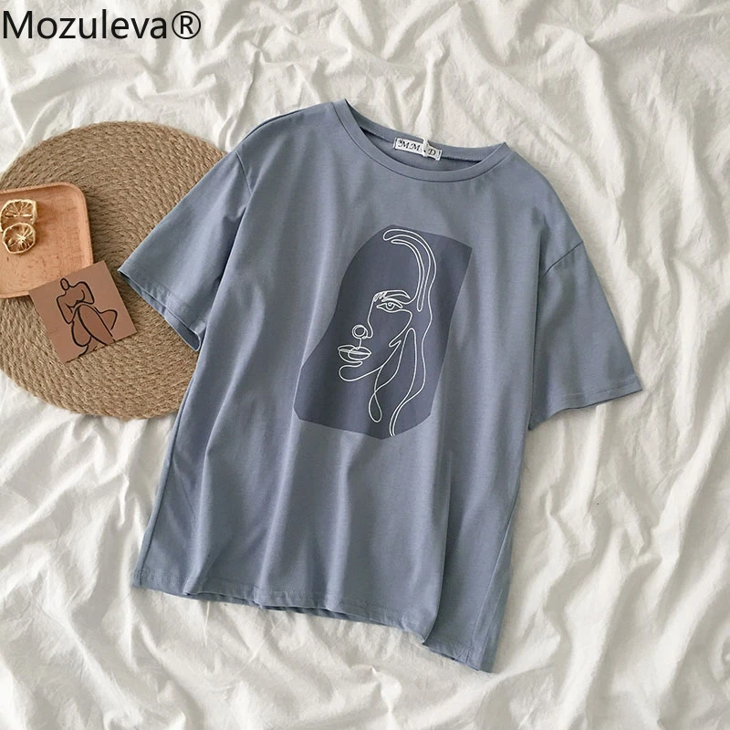 Mozuleva de Vară 2020 Abstract Față Umană Tipărite Femei de Moda T-shirt cu Maneci Scurte Femei Topuri Albe Teuri Tur-gât de sex Feminin Topuri