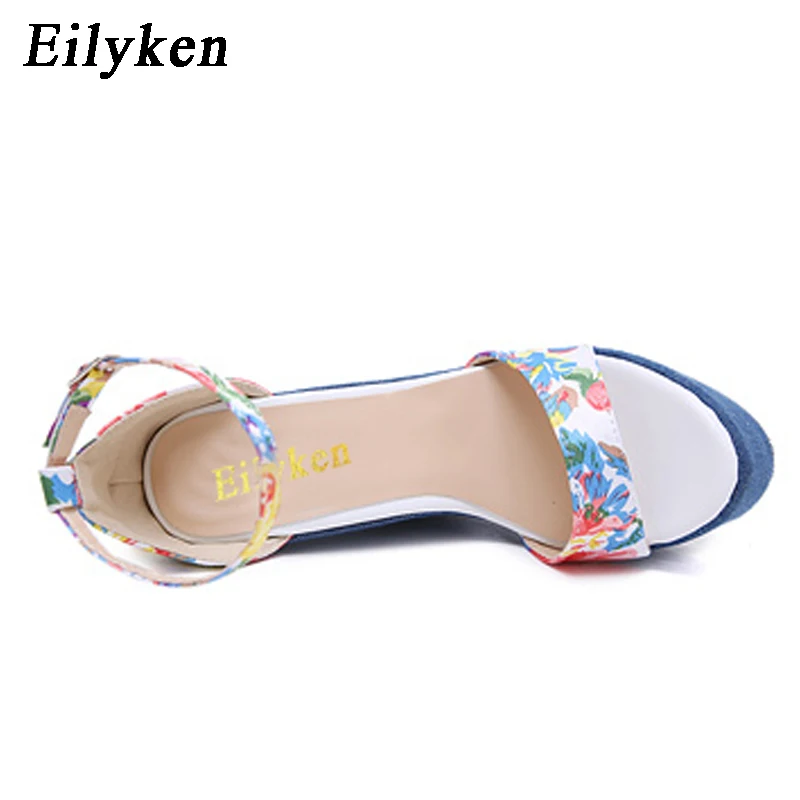 Eilyken 2021 Nou Designer Print Denim, Sandale Romane, Sandale De Înaltă Calitate Pene Tocuri Peep-Toe Pantofi Platforma Femeie