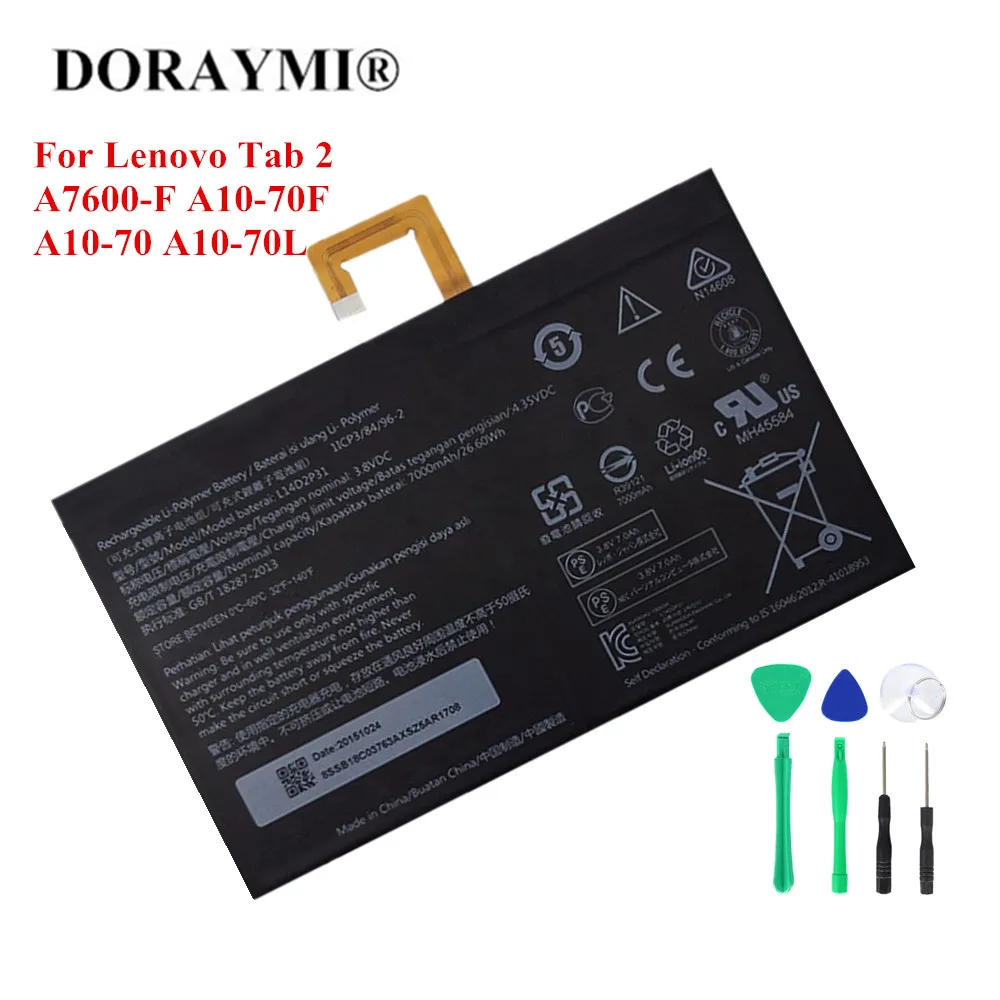 DORAYMI Baterie Pentru Tableta Lenovo Tab 2 A7600-F A10-70F A10-70 A10-70L Bateria 7000mAh L14D2P31 Fila2 Replacment Baterii
