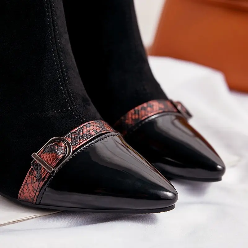 Negru Tricotat Elastic Femei Șosete Cizme Pantofi 2021 Iarna Elegante cu Toc Subliniat Toe Glezna Cizme pentru Femei u689