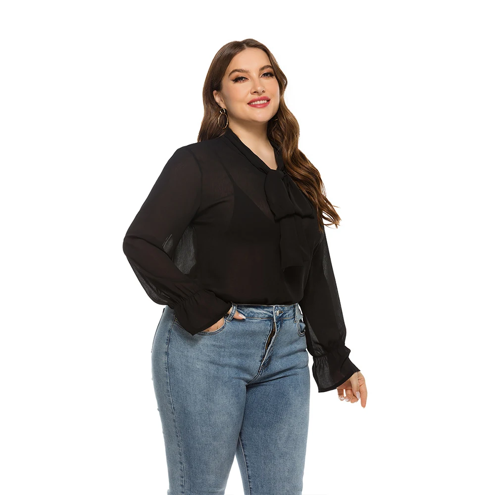 DOIB Plus Dimensiune Bluza pentru Femei Papion Negru de Mari Dimensiuni Bluza 2020 Toamna Epocă Offfice Doamna Topuri Tricou 4XL 5XL