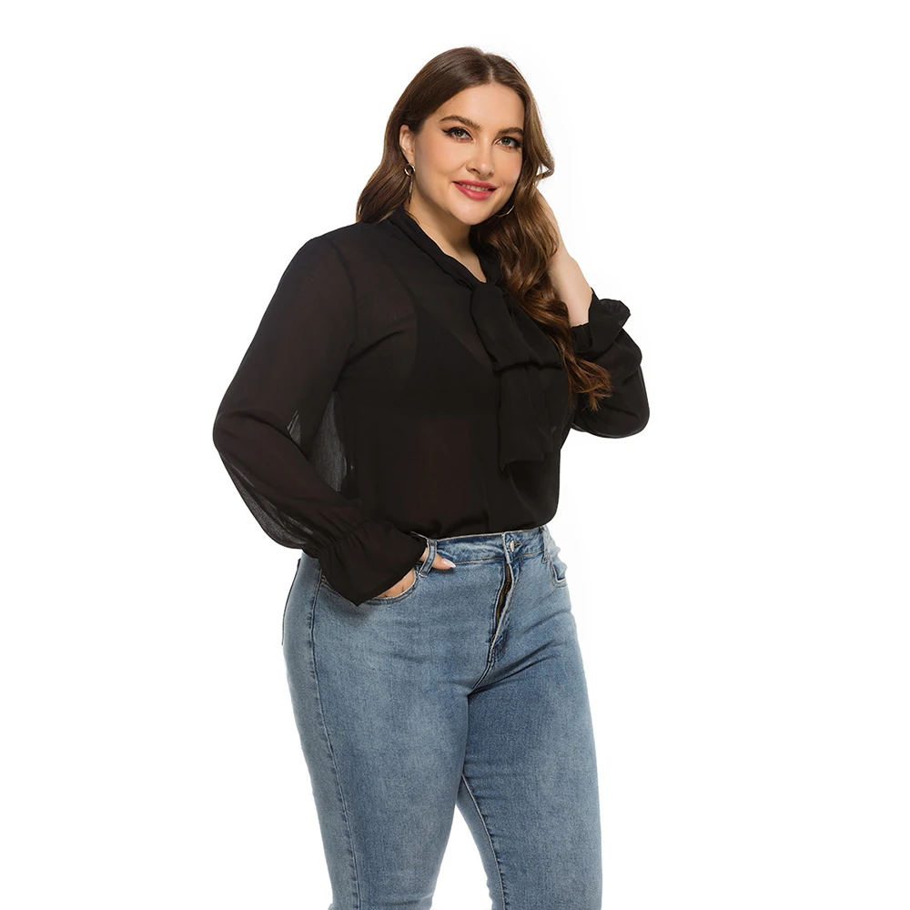 DOIB Plus Dimensiune Bluza pentru Femei Papion Negru de Mari Dimensiuni Bluza 2020 Toamna Epocă Offfice Doamna Topuri Tricou 4XL 5XL