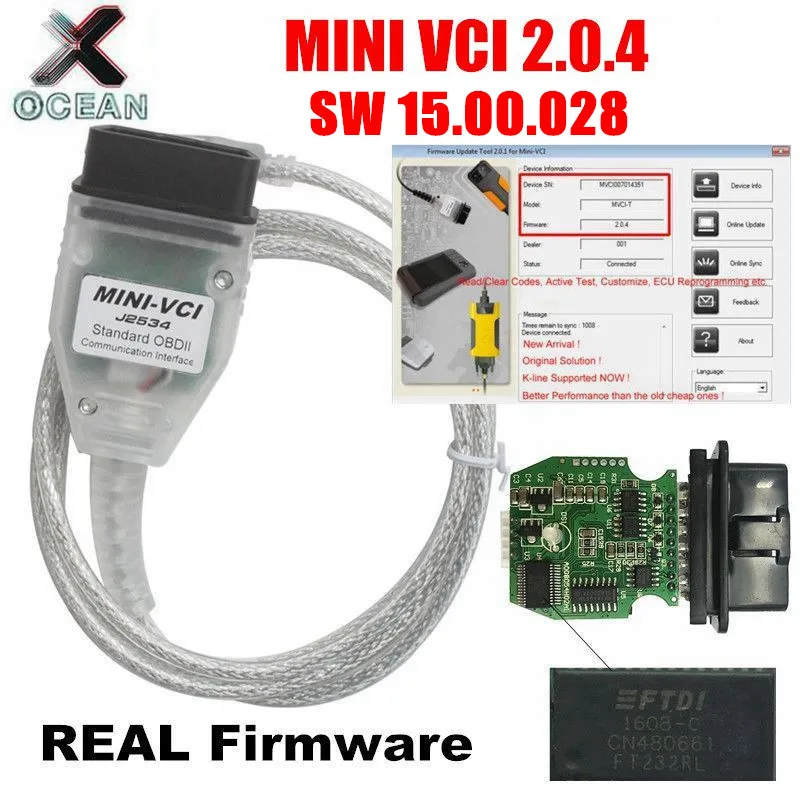 Real V2.0.4 MINI VCI SW V15.00.028 Pentru TOYOTA TIS Techstream FTDI FT232RL Chip MINI-VCI J2534 OBD2 de diagnosticare Auto cablu