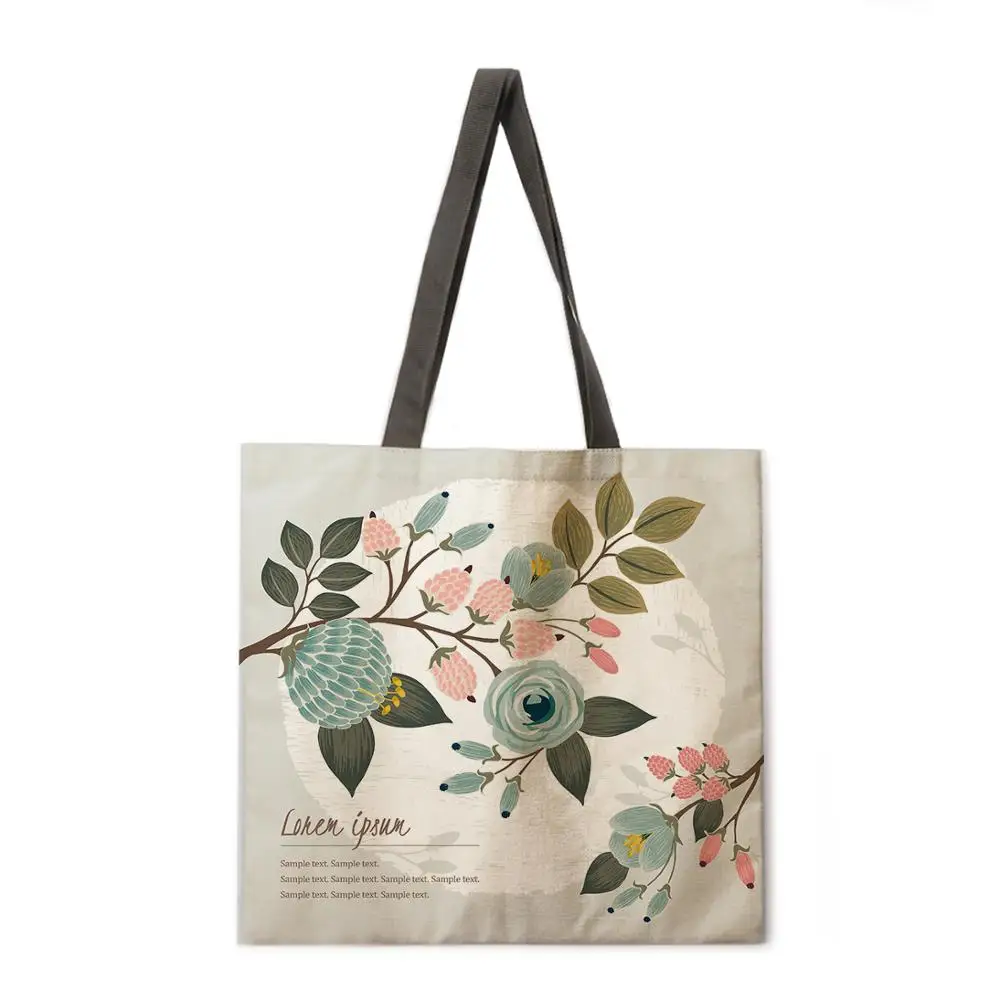 Flori imprimate geantă de mână tesatura lenjerie geanta casual de pliere sac de cumpărături în aer liber, plajă sac geantă de mână de zi cu zi