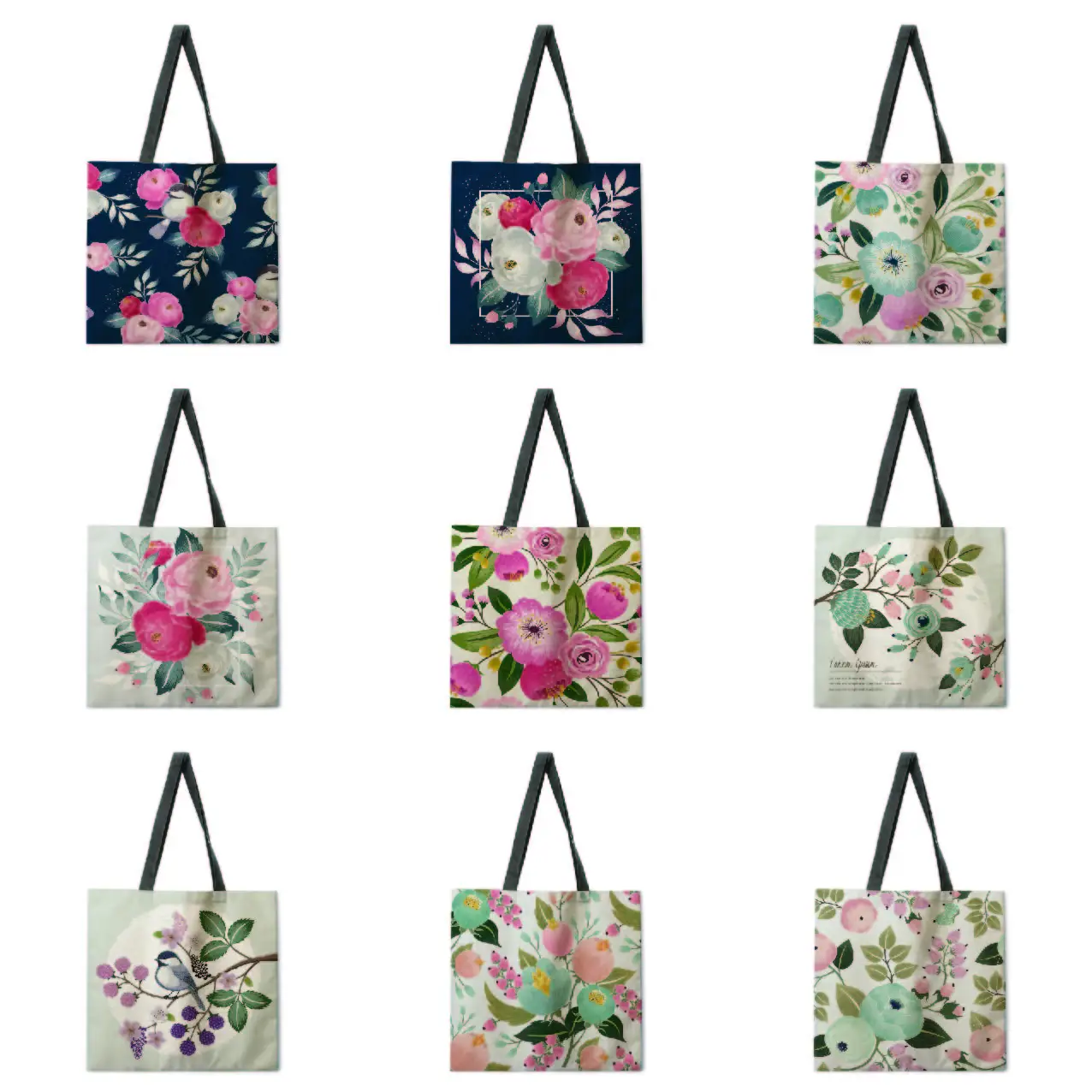 Flori imprimate geantă de mână tesatura lenjerie geanta casual de pliere sac de cumpărături în aer liber, plajă sac geantă de mână de zi cu zi