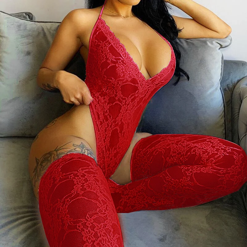 Comeonlover Adânc V-Gât Lace Bodysuit Cu Șosete pentru Femei Transparente Sexy Corp Stocare Halter Erotic Lenjerie de Pluș RI81021