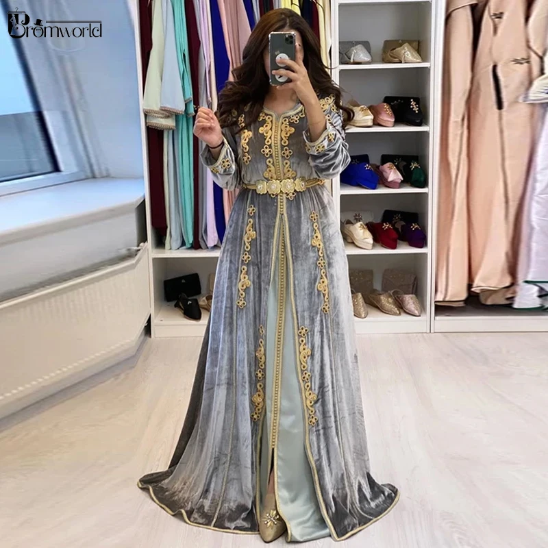 Dantelă De Aur Abiye Gece Elbisesi Catifea Gri Caftan Marocan Rochie De Seara Petrecere Cu Mâneci Lungi Dubai Formale Rochie De Seara 2020