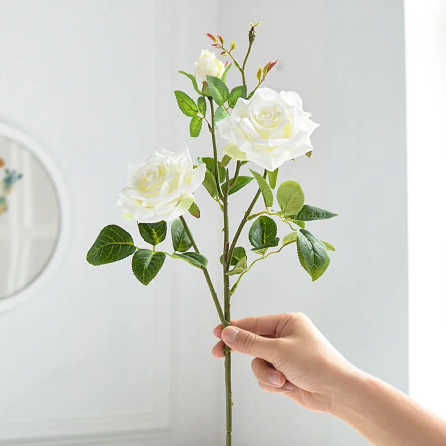 65cm long branch 3 capete de trandafiri mare de flori artificiale albe de mătase roz mare de flori false boboci de trandafir buchet de flori faux tesatura