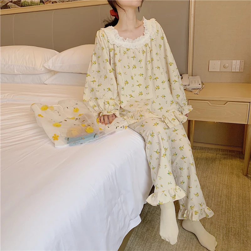 Fantezie dantela cu imprimeuri florale femei drăguț set de pijama cu maneca lunga cu volane top pantaloni 2 bucata set homewear de primăvară de toamnă costum Y264