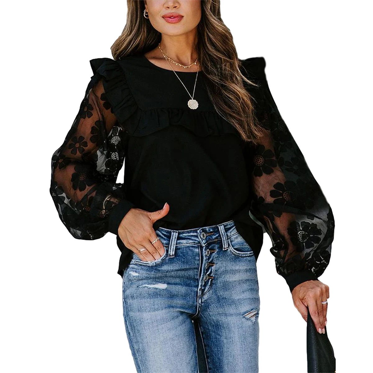 Femeie De Moda Plasă De Mozaic Gât Rotund Maneca Lunga Bluza Bluze De Dantelă Neagră Falbala Transparent Floare Balon Maneca Pulover