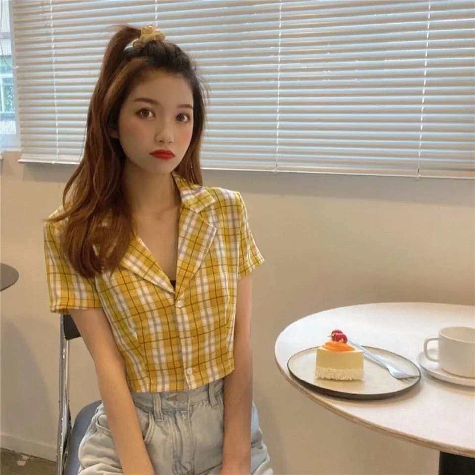 De Vară 2020 Coreean Bluza Femei Epocă De Cultură Tricou Streetwear Carouri Doamnelor Topuri Elegante Buton-Up Bluza Crop Top Tricouri