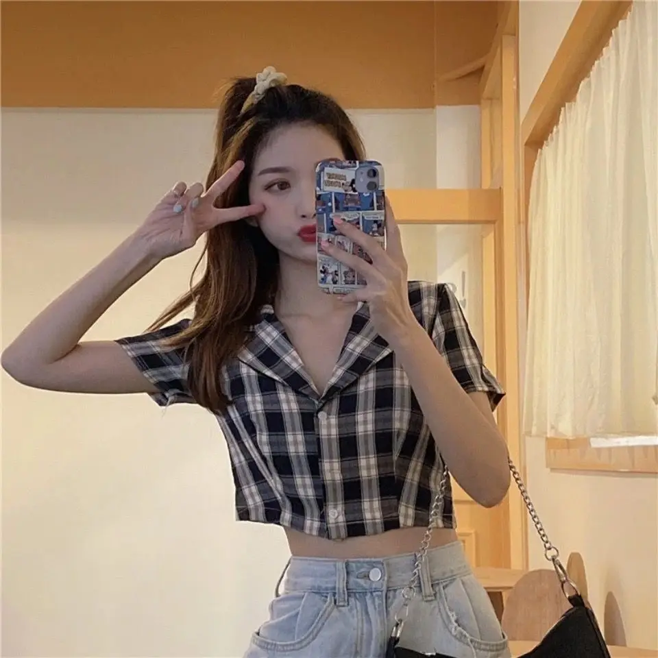 De Vară 2020 Coreean Bluza Femei Epocă De Cultură Tricou Streetwear Carouri Doamnelor Topuri Elegante Buton-Up Bluza Crop Top Tricouri