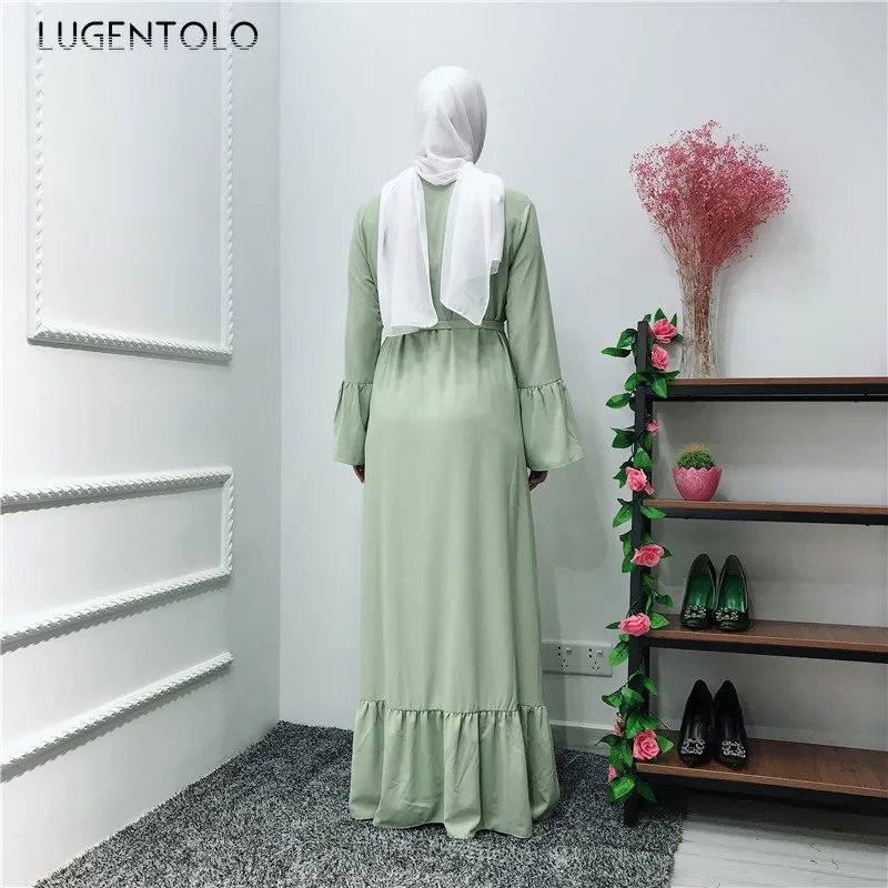 Lugentolo Rochie de Femei Musulmane Moda Clasic cu mâneci Lungi Gâtul Rundă Handmade cu Margele de Culoare Solidă Podea-Lungime