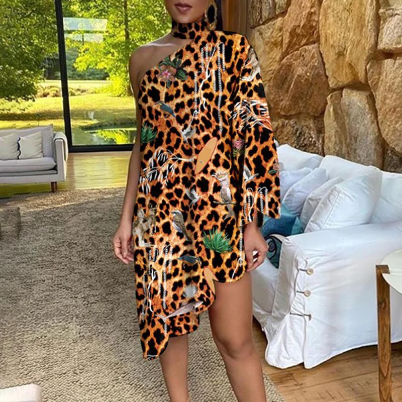 Femei Pe Un Umăr Leopard Print Floral Neregulate Rochie Eleganta Cu Maneci Lungi Rochie De Petrecere De Moda Zburli Vara Rochie Chic