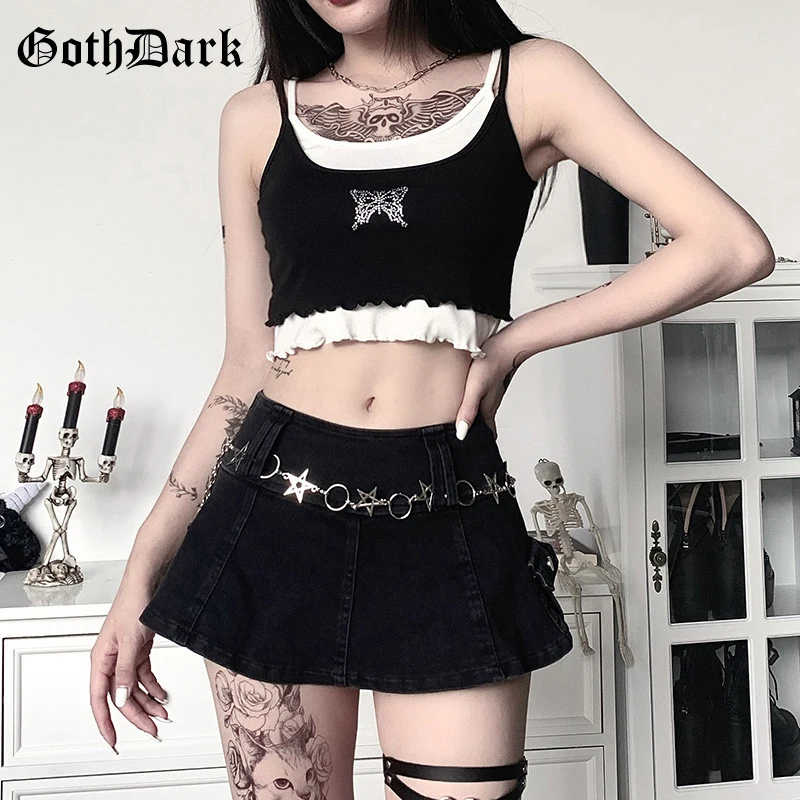 Goth Întuneric Chic Gotic Mozaic Culturilor Topuri De Moda Fluture De Imprimare Cu Paiete Negre Cu Spatele Gol Camis Volane Femei Haine De Vară