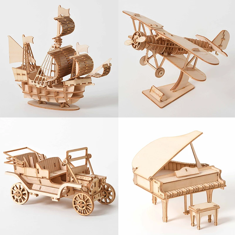 3D Puzzle din Lemn Model DIY Manual Mecanice jucării pentru Copii pentru Adulti Kit de Asamblare Joc navele de tren avion