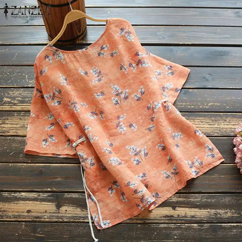 ZANZEA Casual Caftan Femei Bluze de Vara Vrac Îmbinat cu Maneci Scurte Topuri Florale Imprimate Tricou O de Gât Split Combinezon Plus Dimensiune