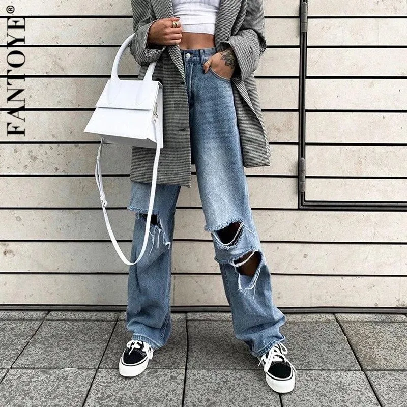 FANTOYE 2019 Nouă Gaură Rupt Blugi Femei Liber Casual Pantaloni Harem Supradimensionate Streetwear Femme Moda coreeană Gol Afară de Blugi