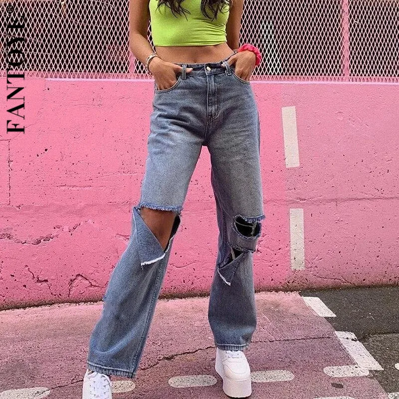 FANTOYE 2019 Nouă Gaură Rupt Blugi Femei Liber Casual Pantaloni Harem Supradimensionate Streetwear Femme Moda coreeană Gol Afară de Blugi