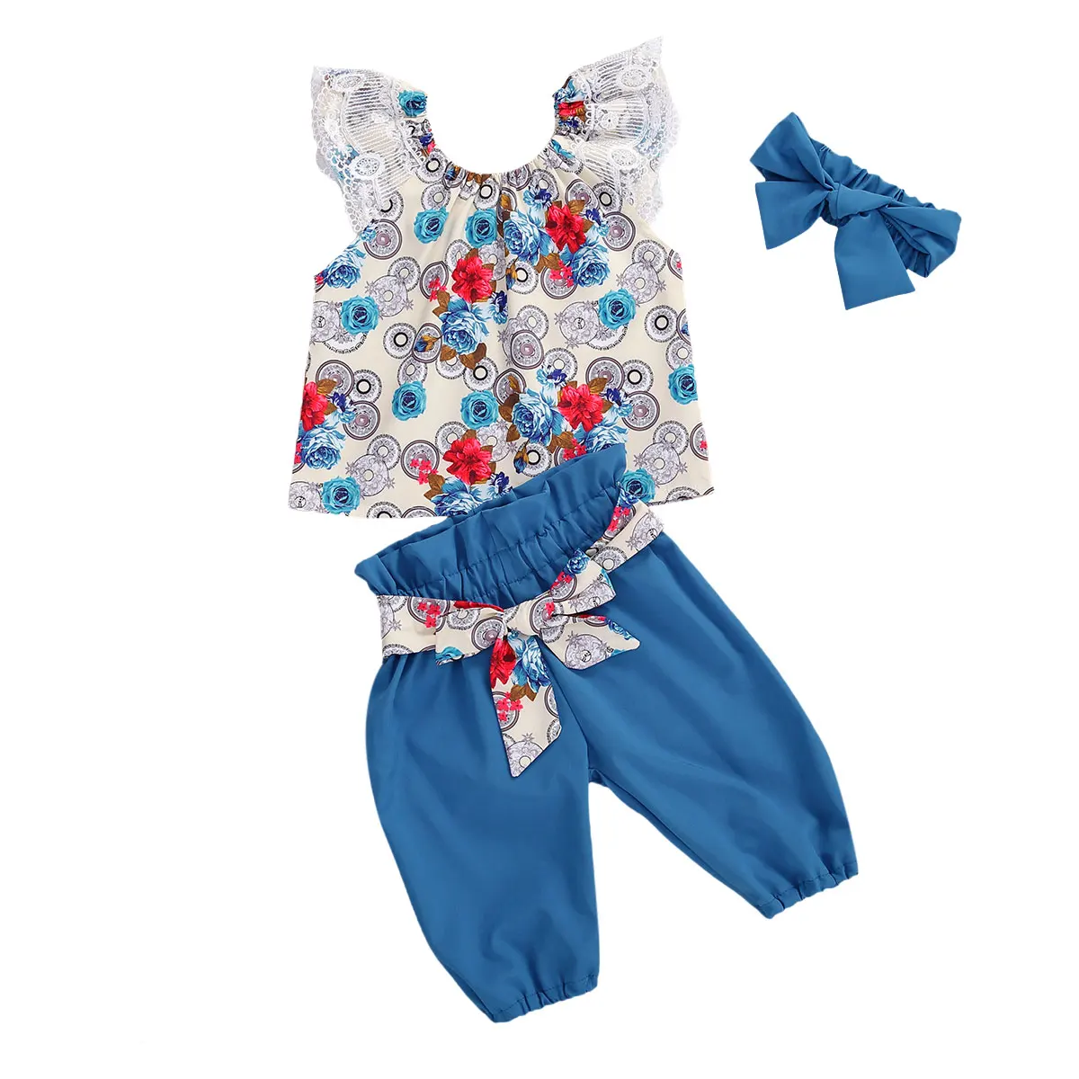 Copil Copii Copii Fete 0-24M 3Pcs Set Haine Dantelă Floral Maneca Topuri Tricou Sash Pants Bentita Tinutele de Vara Sunsuit