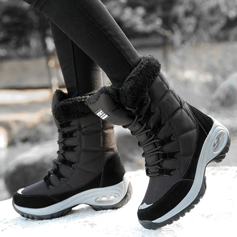 Noi De Iarna Cald Pluș Femei Cizme De Zăpadă Non Alunecare Platforma Adidas Mid-Calf Lace Up Pantofi Femei Cizme De Iarna Pentru Femei Negru Papuceii