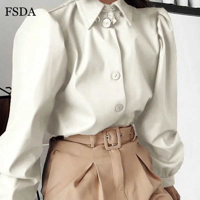 FSDA Lungă Puff Maneca Rândul său, în Jos Guler Tricou Femei Butonul de Faux din Piele Elegant de Moda Toamna Iarna Casual Maro Bluza Topuri