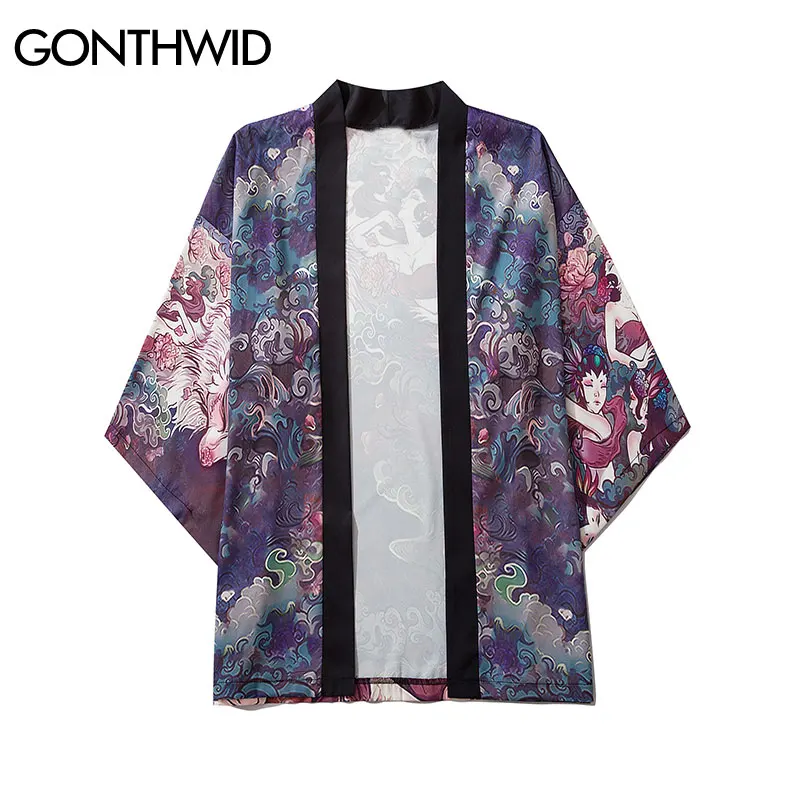 GONTHWID Harajuku Fete Japoneze Flori Print Floral Kimono Cardigan Tricouri Streetwear Hip Hop Casual Deschisă Față de Jakcets Topuri