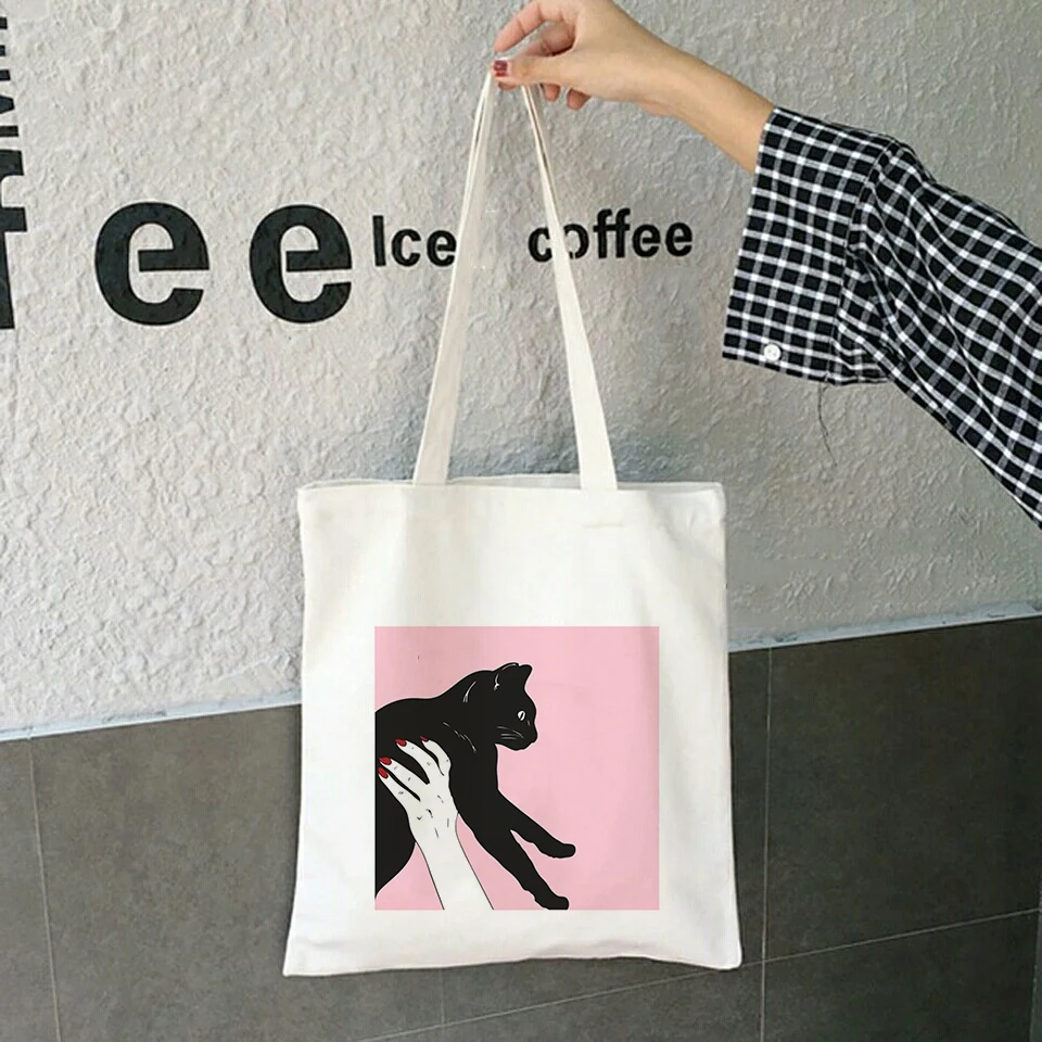 Amuzant Pisica Neagra Imprimare Femei Geantă de Umăr Panza Grafic Pungi de Cumpărături 90 de Moda Ulzzang Harajuku Kawaii Genti Tote