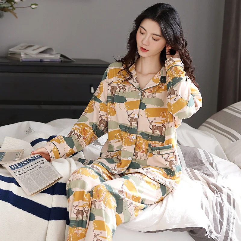BZEL Desene animate Cerb Model Set Pijama Bumbac femeii Sleepwear Noi Mâneci Lungi, Pantaloni Lungi de Pijama Mujer Liber Pijama Dulce Noapte