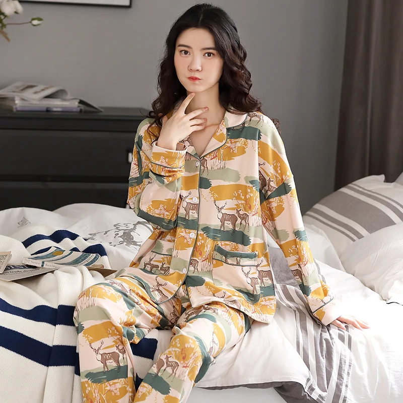 BZEL Desene animate Cerb Model Set Pijama Bumbac femeii Sleepwear Noi Mâneci Lungi, Pantaloni Lungi de Pijama Mujer Liber Pijama Dulce Noapte