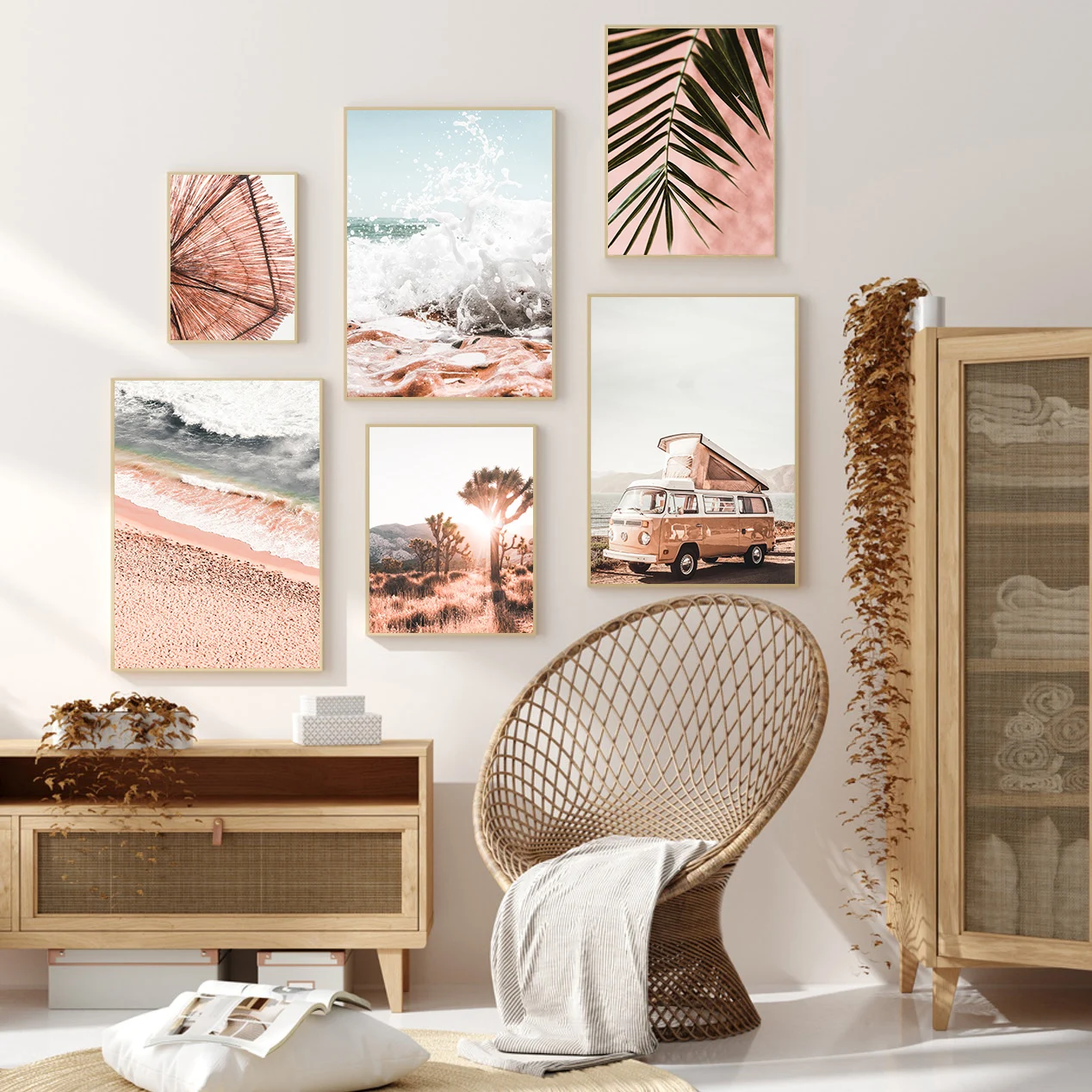 Boho Roz Palma de Călătorie Mașină de Plajă, Deșert, Ocean Arta de Perete Panza Pictura Nordică Postere si Printuri Poze de Perete pentru Camera de zi